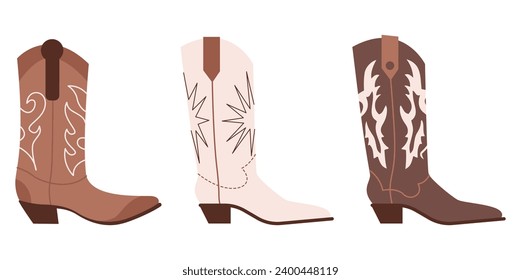 Juego de diferentes botas de vaquera. Botas tradicionales occidentales de vaquero marrón decoradas con elementos salvajes bordados del oeste. Ilustraciones de arte vectorial aisladas en fondo blanco