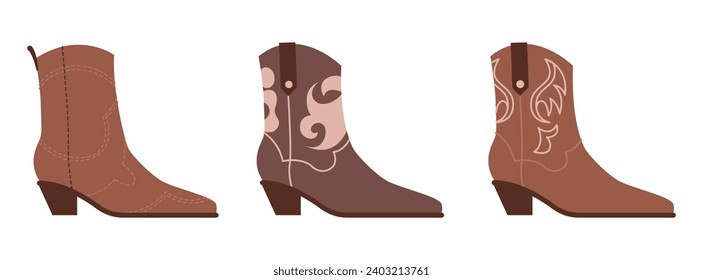 Set of different cowgirl boots. Traditional western cowboy brown boots decorated with embroidered wild west elements. Vector art illustrations isolated on white background