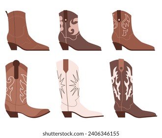 Set of different cowgirl boots. Traditional western cowboy brown boots decorated with embroidered wild west elements. Vector art illustrations isolated on white background
