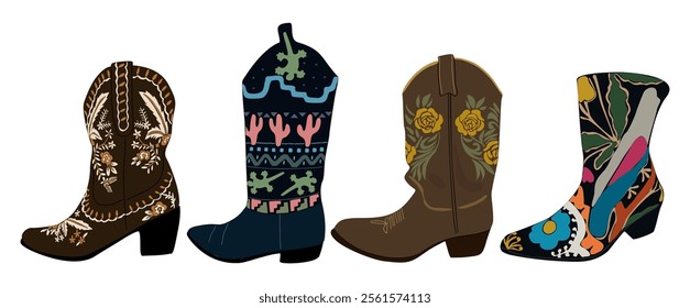 Set of different cowgirl boots. Traditional western cowboy boots decorated with embroidered wild west ornament. Vector illustrations on white background.