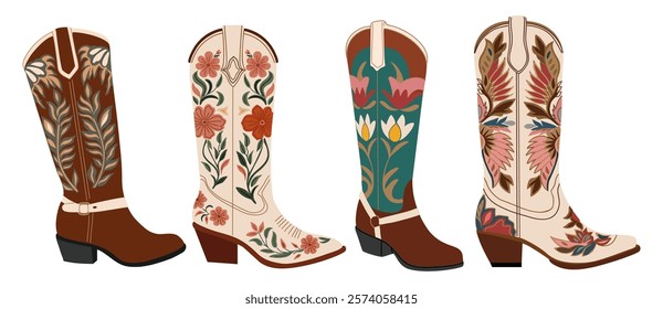 Set of different cowgirl boots. Traditional western cowboy boots decorated with embroidered wild west ornament. Vector illustrations on white background.