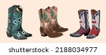 Set of different cowgirl boots - turquoise, brown, red  and blue. Traditional western cowboy boots decorated with embroidered floral ornament. Realistic vector art illustrations isolated.