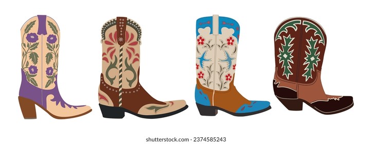 Set of different cowgirl boots vector isolated.