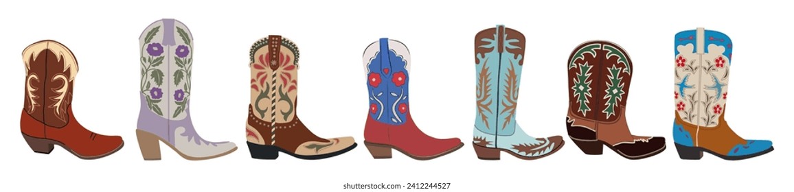 Set of different cowgirl boots vector isolated.