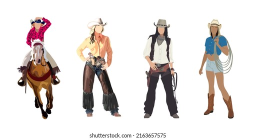 Set Of Different Cowgirls In Traditional Western Clothes With Cowboy Hat, Cowboy Boots, Guns And Lasso. Wild West Concept. Cartoon Style Vector Realistic Illustration Isolated On White Background.