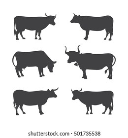 Set of different cows, isolated. Vector illustration of cow silhouette.