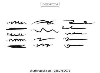 Set of different crayon brush squiggle, straight, curly, dashed lines.