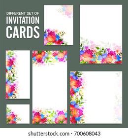 Set of different creative invitation cards with colorful flowers decoration.