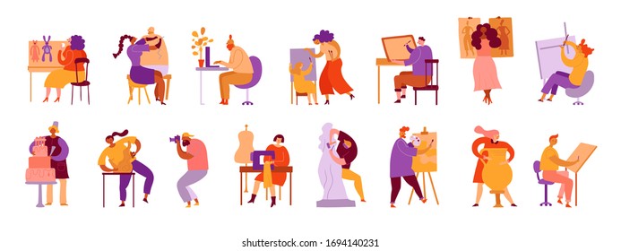 Set of different creative professions. Creative male and female people at their working places. Freelance men and women collection. Masters develope artistic business. Funny simple cartoon style. 