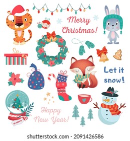 set of different Cristmas and Happy new year decoration, cute amimals on white Background