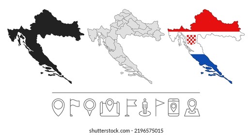 Reihe von verschiedenen kroatischen Karten mit nationaler Flagge. Symbole der Navigationszeile. Vektorgrafik.
