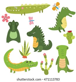 Set of different crocodiles on white background.
