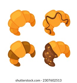 Set of different croissants. Croissant with chocolate end empty. Traditional french food. Baked sweet dessert for breakfast. Vector illustration.