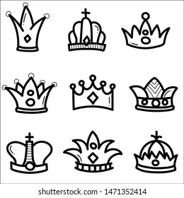 Set of different crown and tiara for princess. Doodle sketch style.