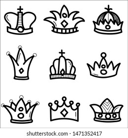 Set of different crown and tiara for princess. Doodle sketch style.