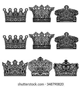 Set of different crowns.
From the hand-drawn image of a symbolic element of the head of royalty.