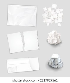 Set of different crumpled and torn sheets of paper. Vector graphics.