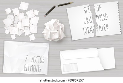 Conjunto de diferentes hojas de papel rotas y desmenuzadas. Lápiz roto. Gráficos vectoriales.