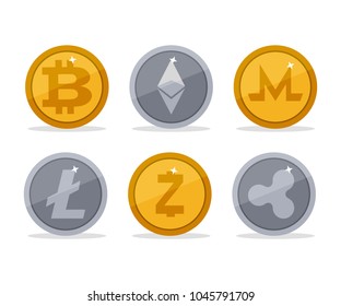 Set of different cryptocurrency symbol icon. Isolated on white background. Vector illustration.