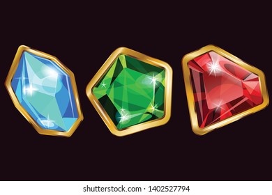  Set of different crystals. Can be used for game design. Green crystals. Red crystals. Blue crystals. Gemstones. 