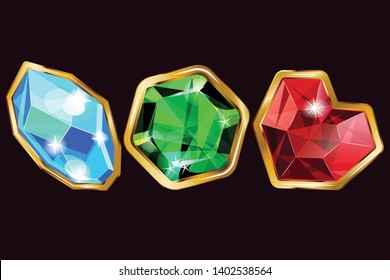  Set of different crystals. Can be used for game design. Green crystals. Red crystals. Blue crystals. Gemstones. 