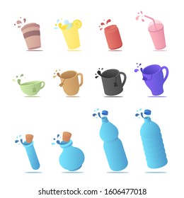 Set with different cup, mug and bottle isometric levitation with drops