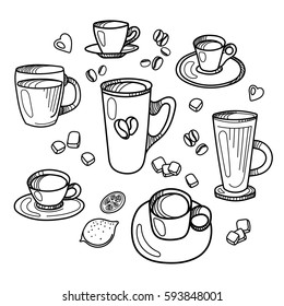 Set of different cup of tea and coffee with lemon, sugar and coffee beans. Graphic handmade sketch. Vector illustration isolated on white background eps.10