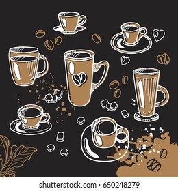 Set of different cup of tea and coffee with lemon, sugar, coffee beans and cookies. Graphic handmade sketch. Vector illustration for template, menu, background 