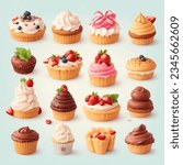 Set of different cupcakes. Cakes in a cartoon style. Vector illustration.