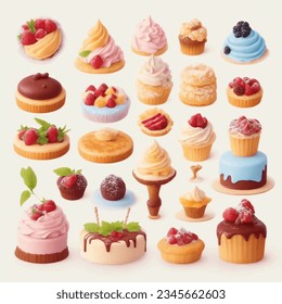 Set of different cupcakes. Cakes in a cartoon style. Vector illustration.