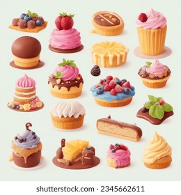 Set of different cupcakes. Cakes in a cartoon style. Vector illustration.