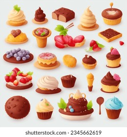 Set of different cupcakes. Cakes in a cartoon style. Vector illustration.