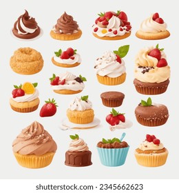 Set of different cupcakes. Cakes in a cartoon style. Vector illustration.