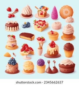 Set of different cupcakes. Cakes in a cartoon style. Vector illustration.