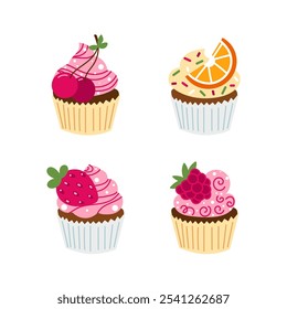 Conjunto de diferentes cupcakes en estilo de dibujos animados aislados sobre fondo blanco. Deliciosa colección de muffins. Ilustración vectorial de postre. 