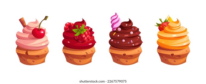 Set of different cupcakes with cream and berries. Vector cute cartoon illustration. Bakery shop, dessert, sweet products, cooking.