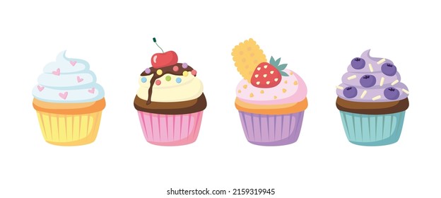 Set of different cupcakes in cupcake paper. Cream pastries with berries, powder, cookies. Cute sugar desserts. Bakery shop, dessert, sweet products, cooking, tea party. Hand drawn flat vector cupcake