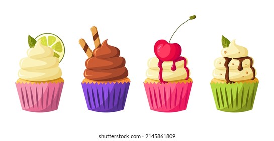A set of different cupcakes - with pistachio cream, mint, chocolate, vanilla, cherry, lemon or lime.
Vector cute cartoon illustration. Bakery shop, dessert, sweet products, cooking.