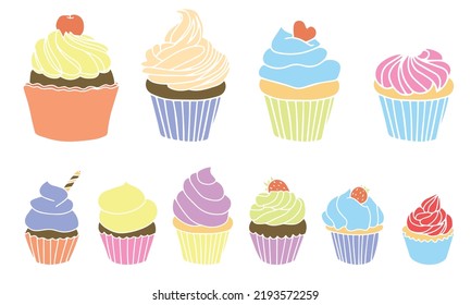 A set of different cupcakes - with pistachio cream, mint, chocolate, vanilla, cherry, lemon or lime. Vector cute cartoon illustration. Bakery shop, dessert, sweet products, cooking.