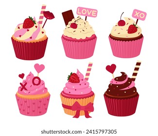 Set of different cupcakes for Valentine's Day on white backgroun