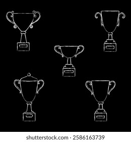 Set of different cups. Award. Vector illustration for decoration, stickers, print. Black and white chalk outline.