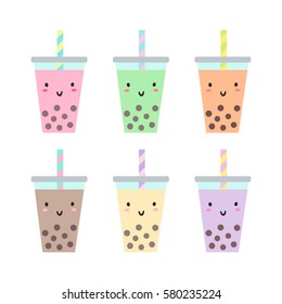 Set of different cups with bubble tea. Vector hand drawn illustration