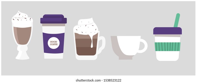 Set of different cups of coffee for a coffee shop - mug, cup, glass cup, cardboard, eco paper cup. Vector illustration in flat and cartoon style.