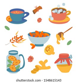set with different cups of coffee and tea on white background.Set of cartoon foodicons of non-alcoholic beverages for health, isolated on white. Vector 