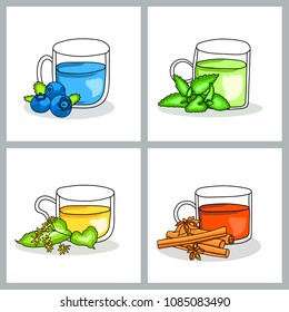 Set of different cups of herbal tea. Linden, mint, blueberry, cinnamon drink for cold. Vector illustration isolated on white background.