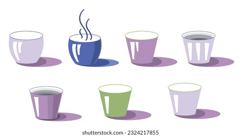 A set of different cups in lavender colors. Vector image on a white background.