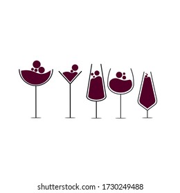 set of different cups and liquid icons. maroon theme champagne glasses and wine glasses icon set. flat desing vector