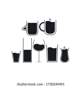 set of different cups and liquid icons. black theme. water, raki glass, wine glass, tea cup, coffee. flat design icon set