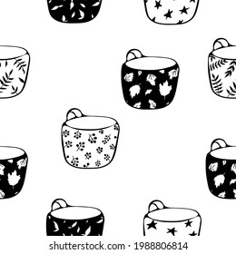Set of different cups on a white background. Seamless pattern. Vector illustration