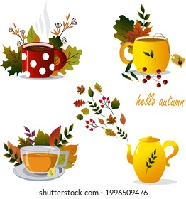 Set with different cups, teapot and autumn leaves. Vector illustration. For use in prints, postcards and flyers, invitations, price tags in stores, coffee shops and restaurants, in the menu.